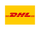Logo von DHL: Gelber Hintergrund mit rotem Schriftzug und Linien.