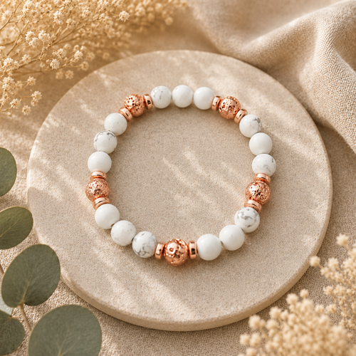 Weißer Kiefer Rosen Vulkanstein Kugelarmband
