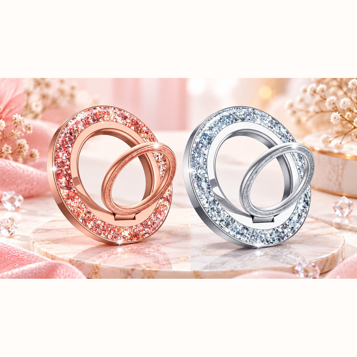 360° Magnetischer Handy-Ringhalter mit Glitzer – Roségold & Silber