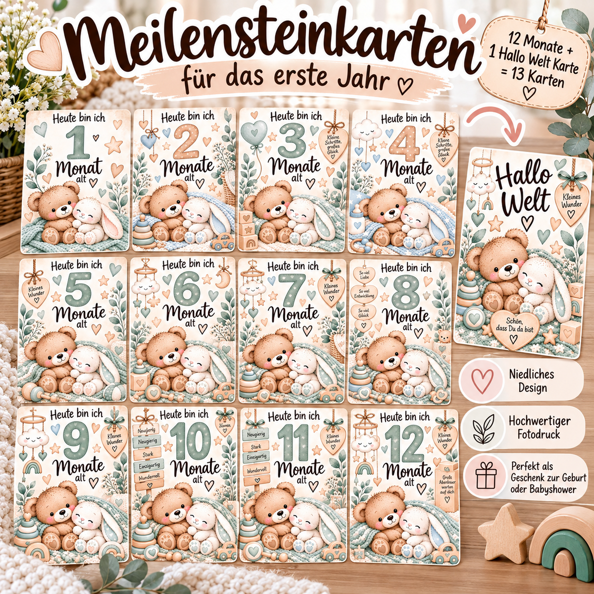 Meilensteinkarten Baby – 13 Karten für das 1. Lebensjahr | Monate 1–12 + „Hallo Welt“